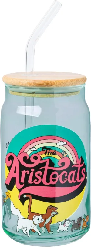 Silver Buffalo The Aristocats Glass Tumbler with Bamboo Lid and Glass Straw Featuring Duchess, Thomas O’Malley, Berlioz, Toulouse, Marie, Billy Boss, Hit Cat, Scat Cat, Peppo, and Shun Gon, 16 Ounces