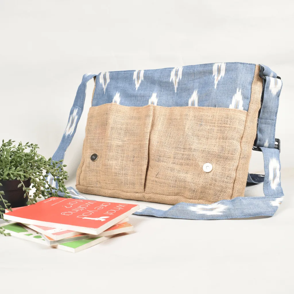 Sky Blue ikat and jute laptop bag