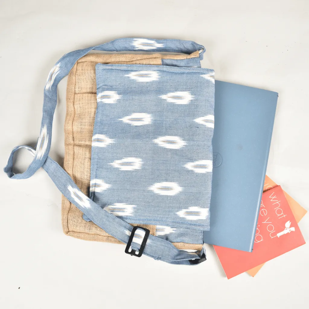Sky Blue ikat and jute laptop bag