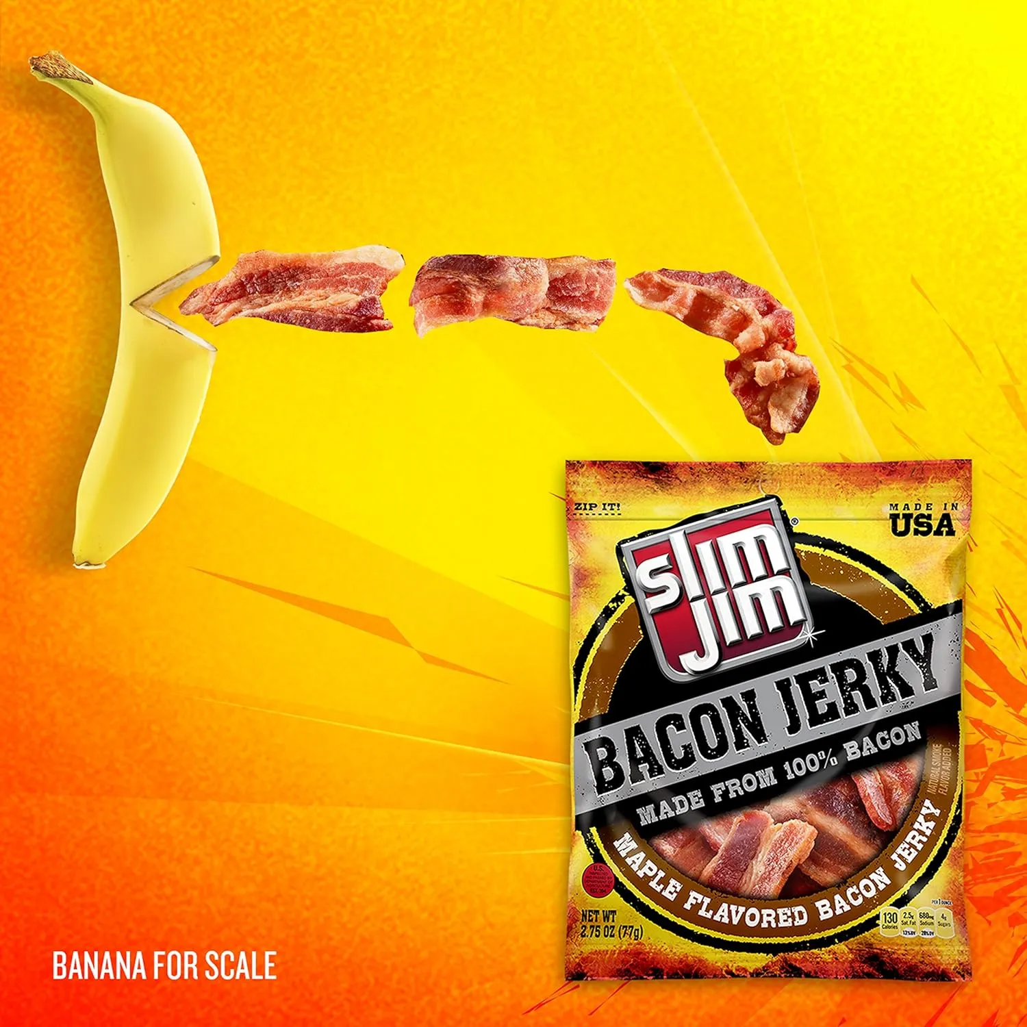Slim Jim Bacon Jerky, Maple Flavor Meat Snacks, Easy, On-the-Go School, Work and Travel Snacks, 2.75 OZ Bag