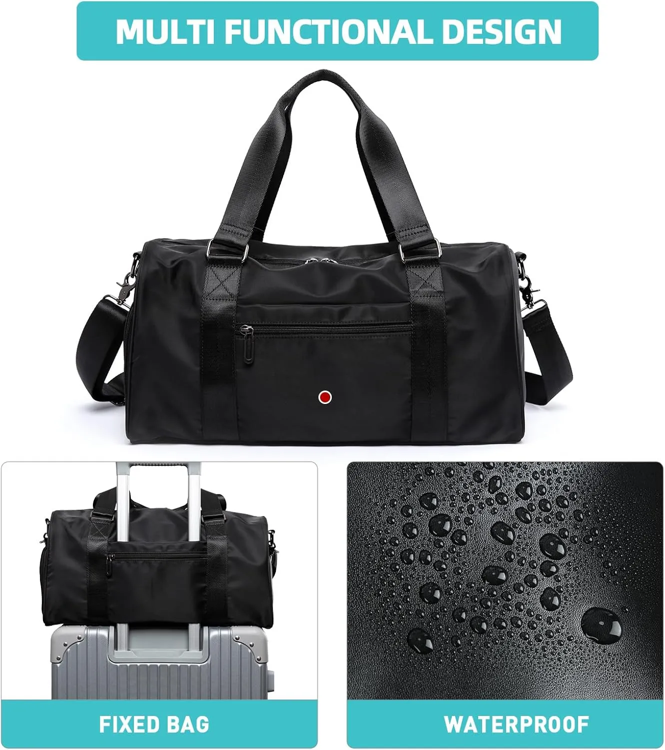 Small Gym Bag Waterproof Shoe Compartment Duffle Workout Bags Overnight Weekender Bag Personal Sport Carry on Outdoors Travel Bag Black for Men Women
