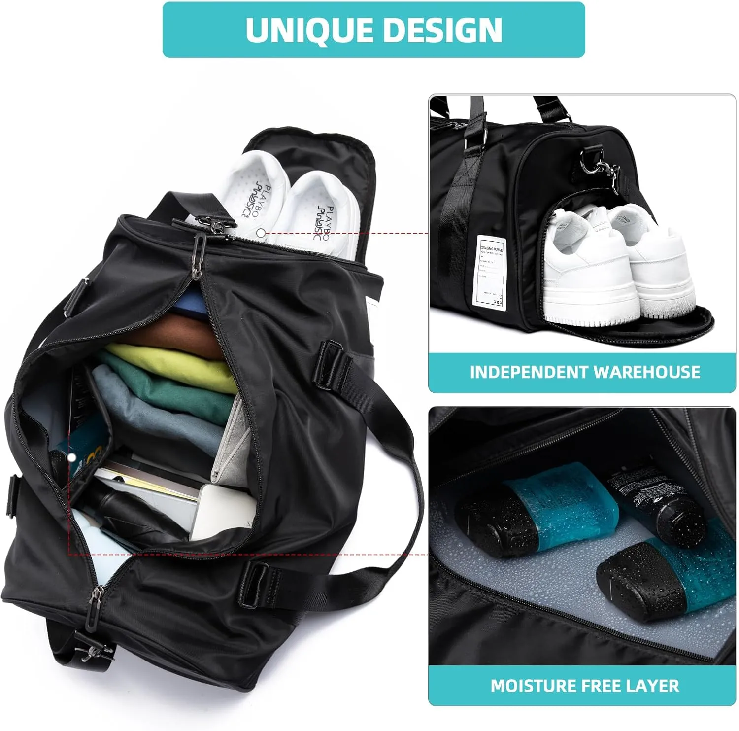 Small Gym Bag Waterproof Shoe Compartment Duffle Workout Bags Overnight Weekender Bag Personal Sport Carry on Outdoors Travel Bag Black for Men Women