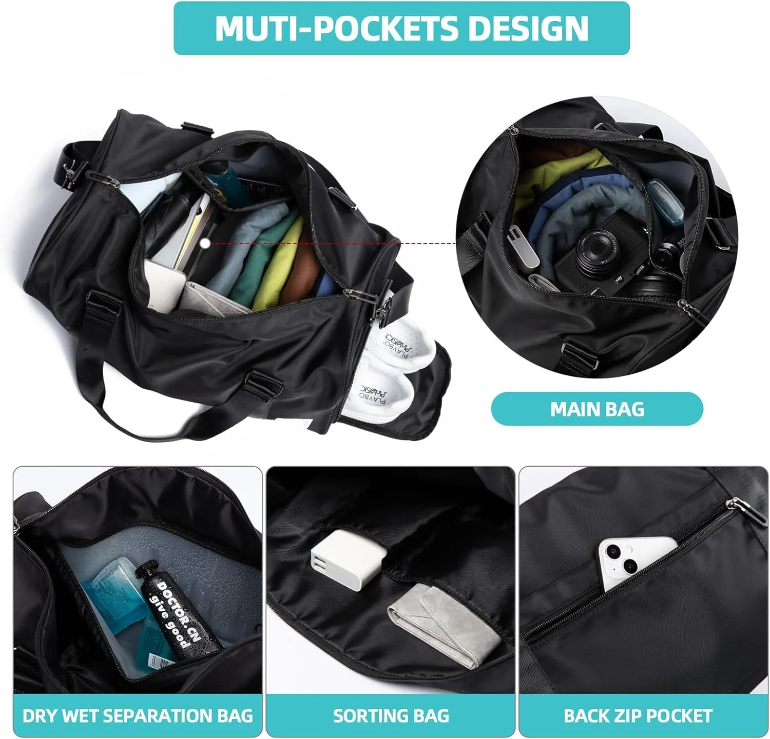 Small Gym Bag Waterproof Shoe Compartment Duffle Workout Bags Overnight Weekender Bag Personal Sport Carry on Outdoors Travel Bag Black for Men Women