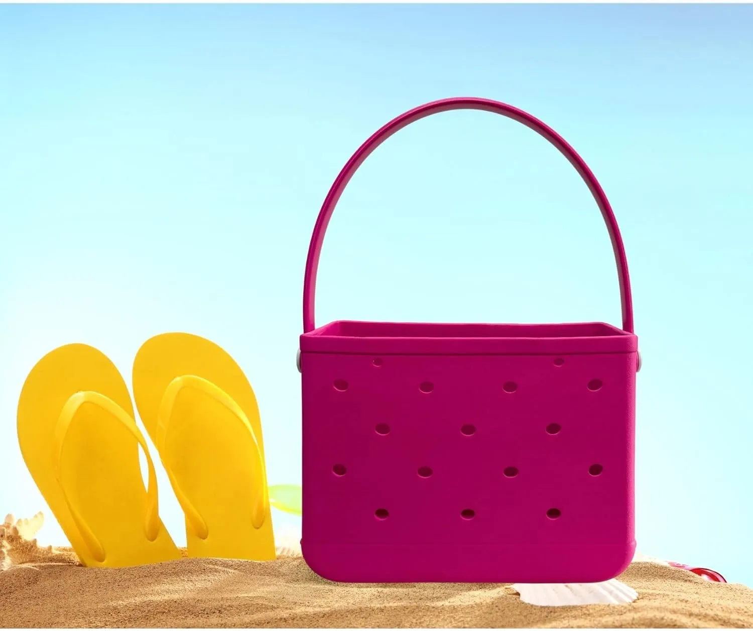 Small Rubber Beach Tote Bag, Open Top Portable Outdoor Travel Bag for Beach Picnic Pool Outings