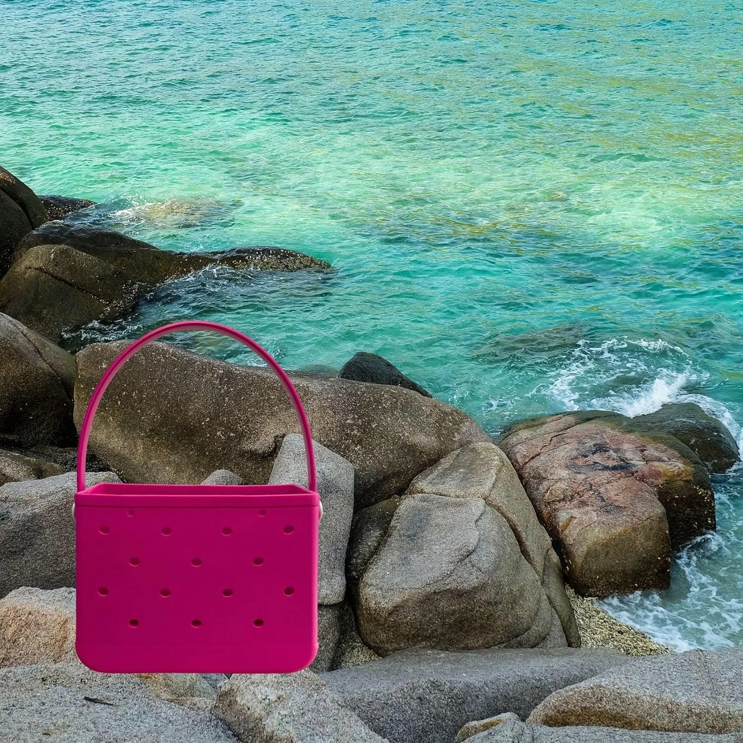 Small Rubber Beach Tote Bag, Open Top Portable Outdoor Travel Bag for Beach Picnic Pool Outings