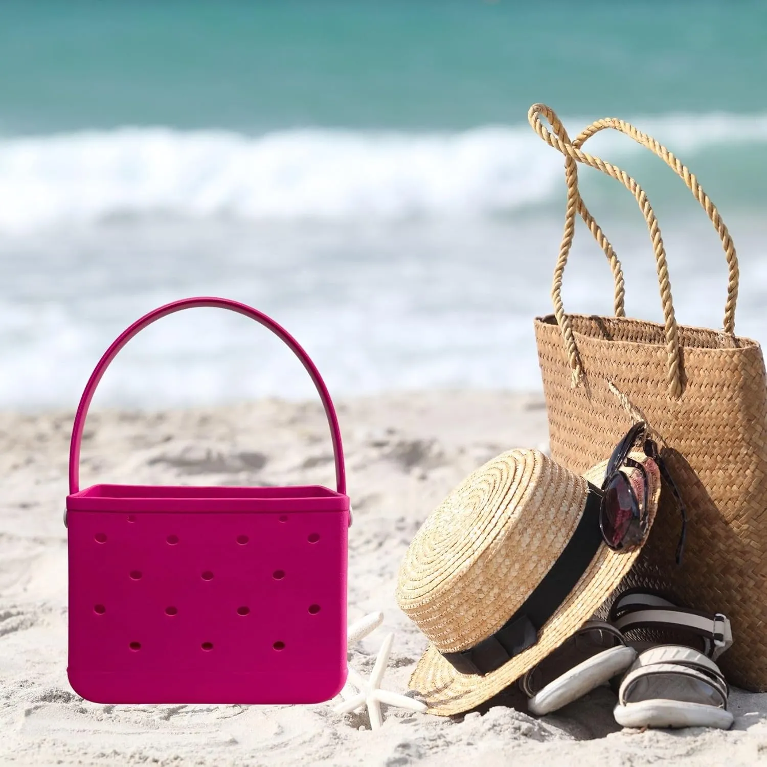 Small Rubber Beach Tote Bag, Open Top Portable Outdoor Travel Bag for Beach Picnic Pool Outings