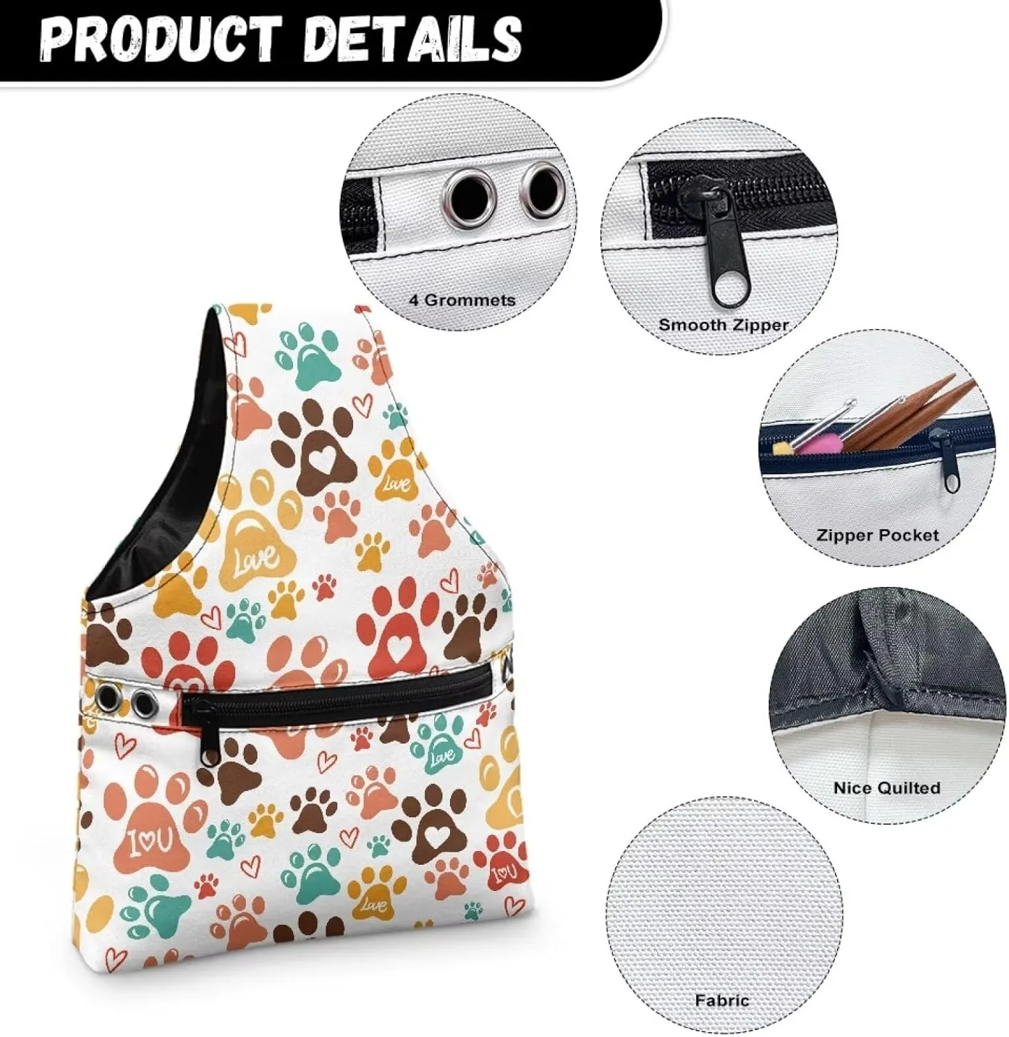 Snilety Cute Paw Needles and Other Supplies Portable Shopping Handbag.Bag Only Portable Knitting & Crochet Storage Bag, Yarn Organizer Tote with Cover and Shoulder Strap for Yarn