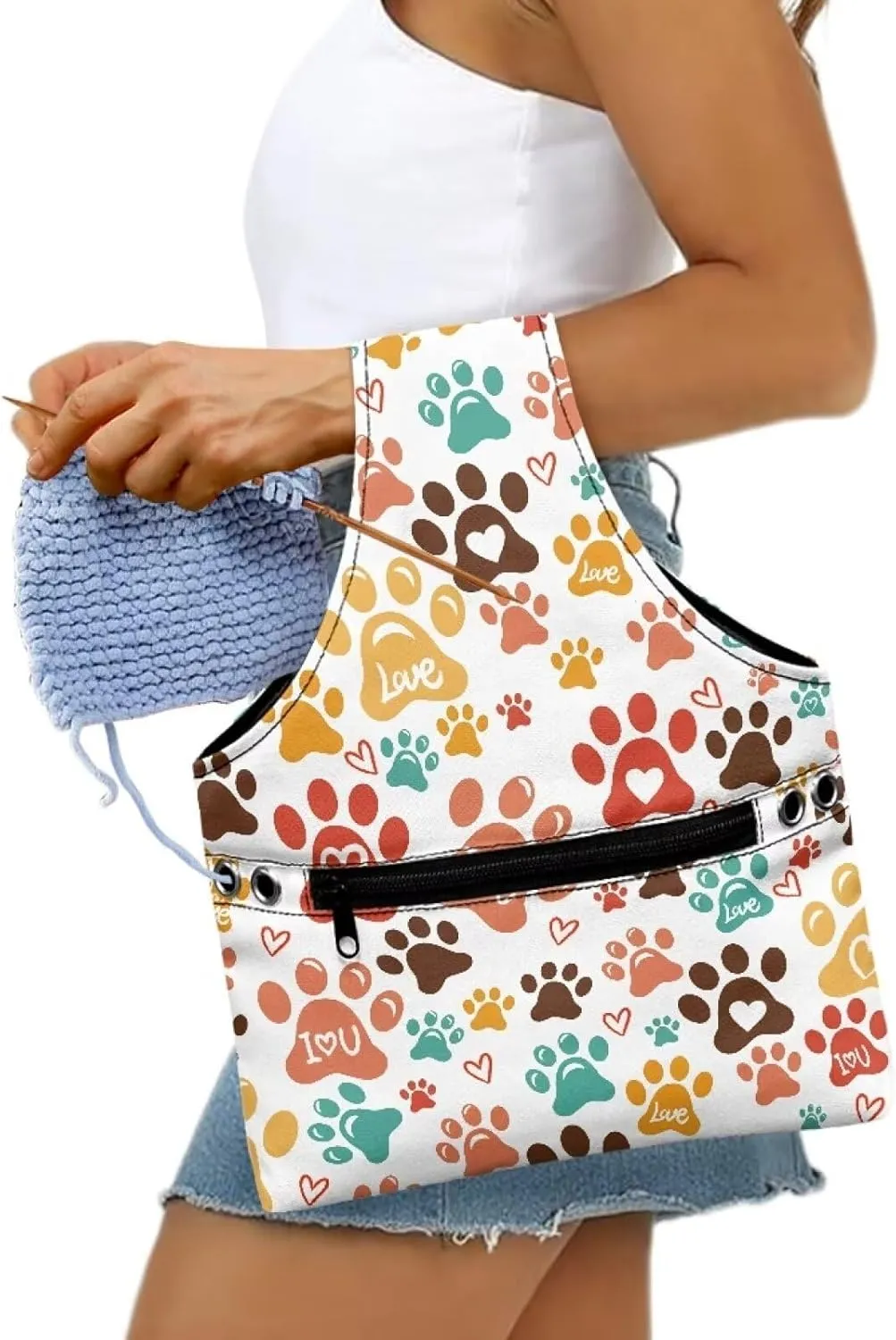Snilety Cute Paw Needles and Other Supplies Portable Shopping Handbag.Bag Only Portable Knitting & Crochet Storage Bag, Yarn Organizer Tote with Cover and Shoulder Strap for Yarn