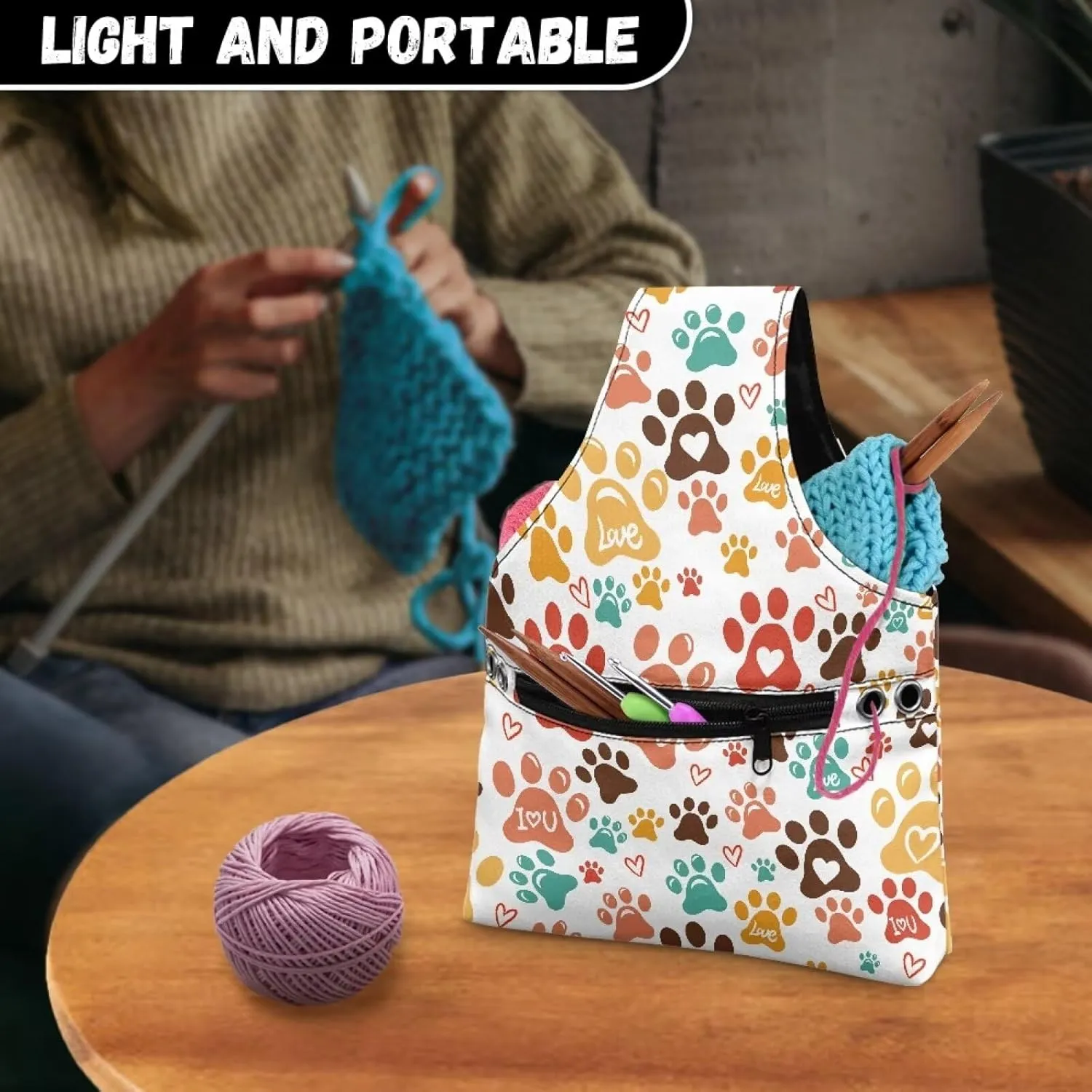 Snilety Cute Paw Needles and Other Supplies Portable Shopping Handbag.Bag Only Portable Knitting & Crochet Storage Bag, Yarn Organizer Tote with Cover and Shoulder Strap for Yarn