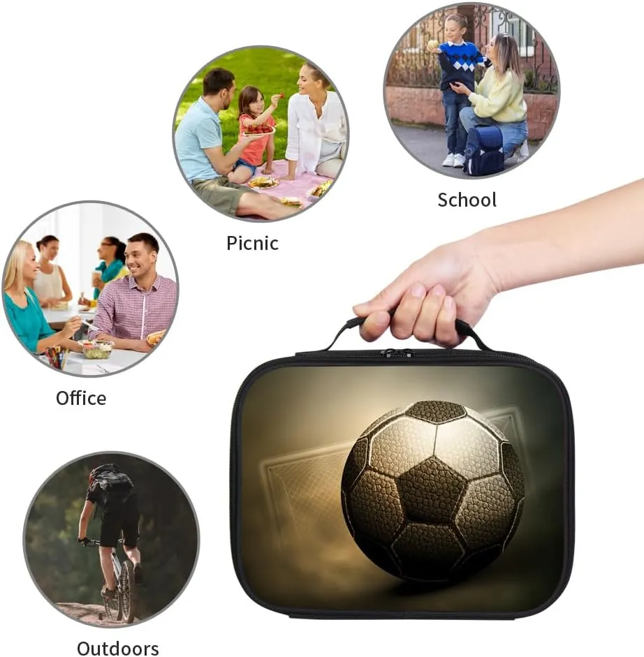 Soccer 3D Print Portable Lunch Bag without Shoulder Strap, Reusable Insulated Lunch Box Cooler Bag for Kids Boys