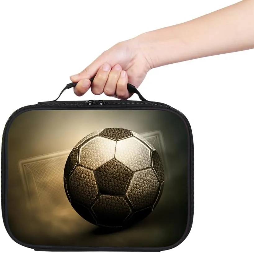 Soccer 3D Print Portable Lunch Bag without Shoulder Strap, Reusable Insulated Lunch Box Cooler Bag for Kids Boys