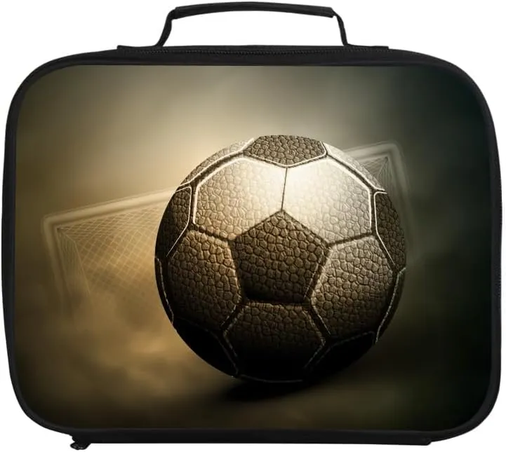 Soccer 3D Print Portable Lunch Bag without Shoulder Strap, Reusable Insulated Lunch Box Cooler Bag for Kids Boys