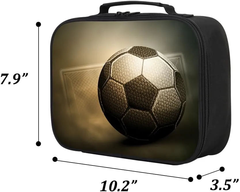 Soccer 3D Print Portable Lunch Bag without Shoulder Strap, Reusable Insulated Lunch Box Cooler Bag for Kids Boys