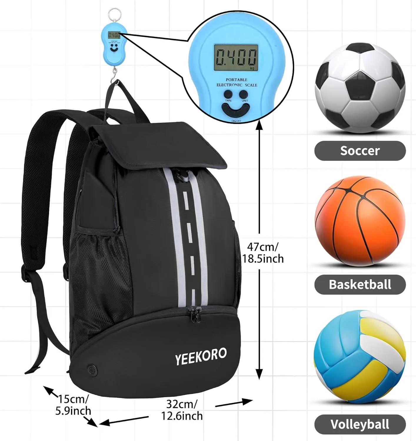 Soccer Backpack Multifunctional Sport Gym Bags with Dry-wet Separate & Shoe Compartment for Basketball Volleyball