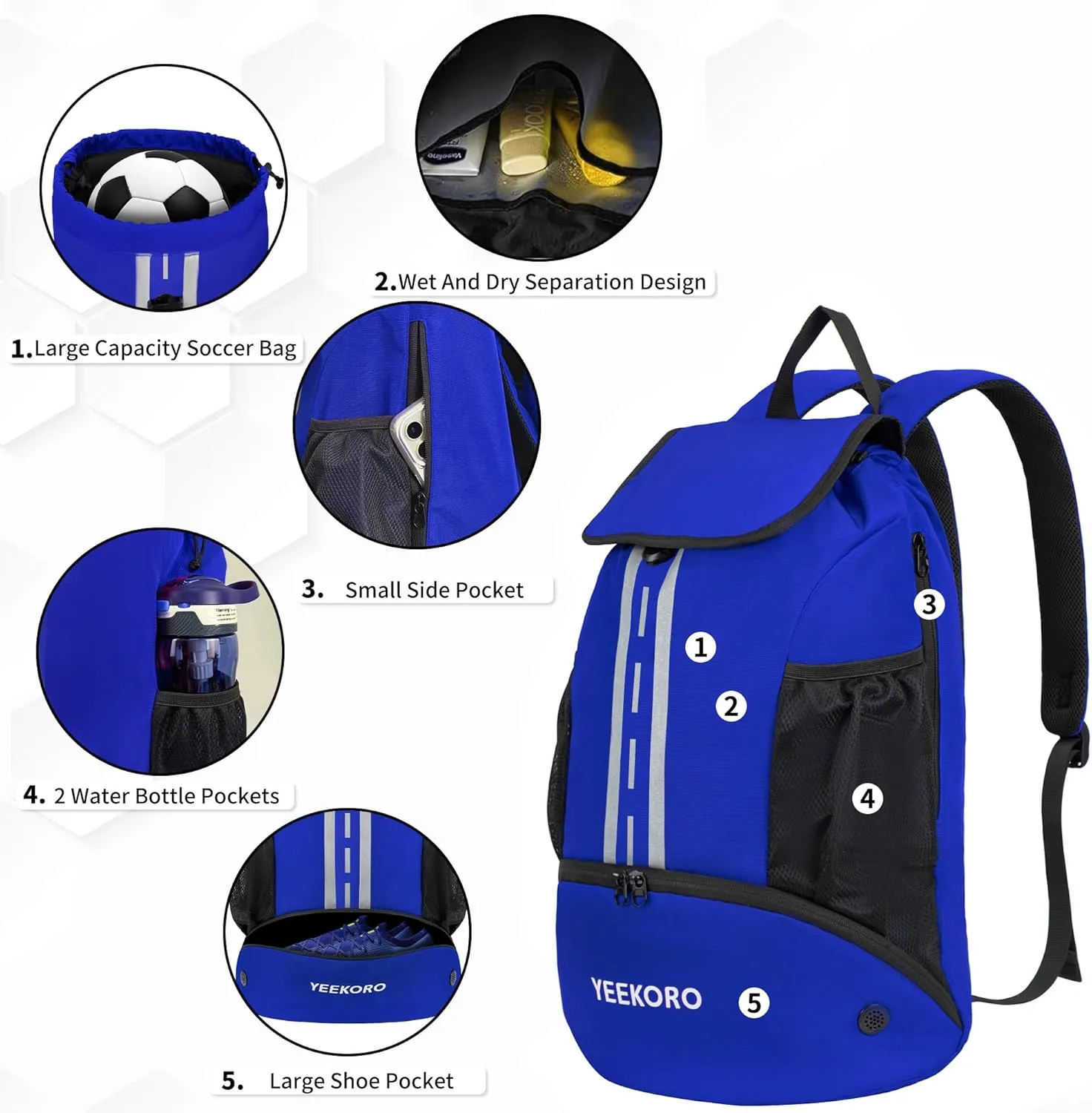 Soccer Backpack Multifunctional Sport Gym Bags with Dry-wet Separate & Shoe Compartment for Basketball Volleyball