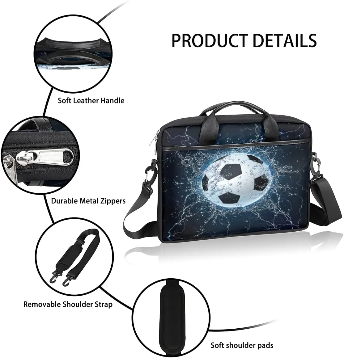 Soccer Ball Laptop Shoulder Messenger Bag Waterproof Laptop Briefcase with Handle and Padded Strap Case Sleeve