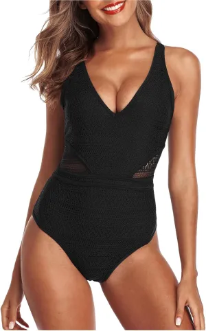 SOCIALA One Piece Swimsuit Women Crochet High Waisted Bathing Suit Backless Mesh V Neck Monokini Swimwear