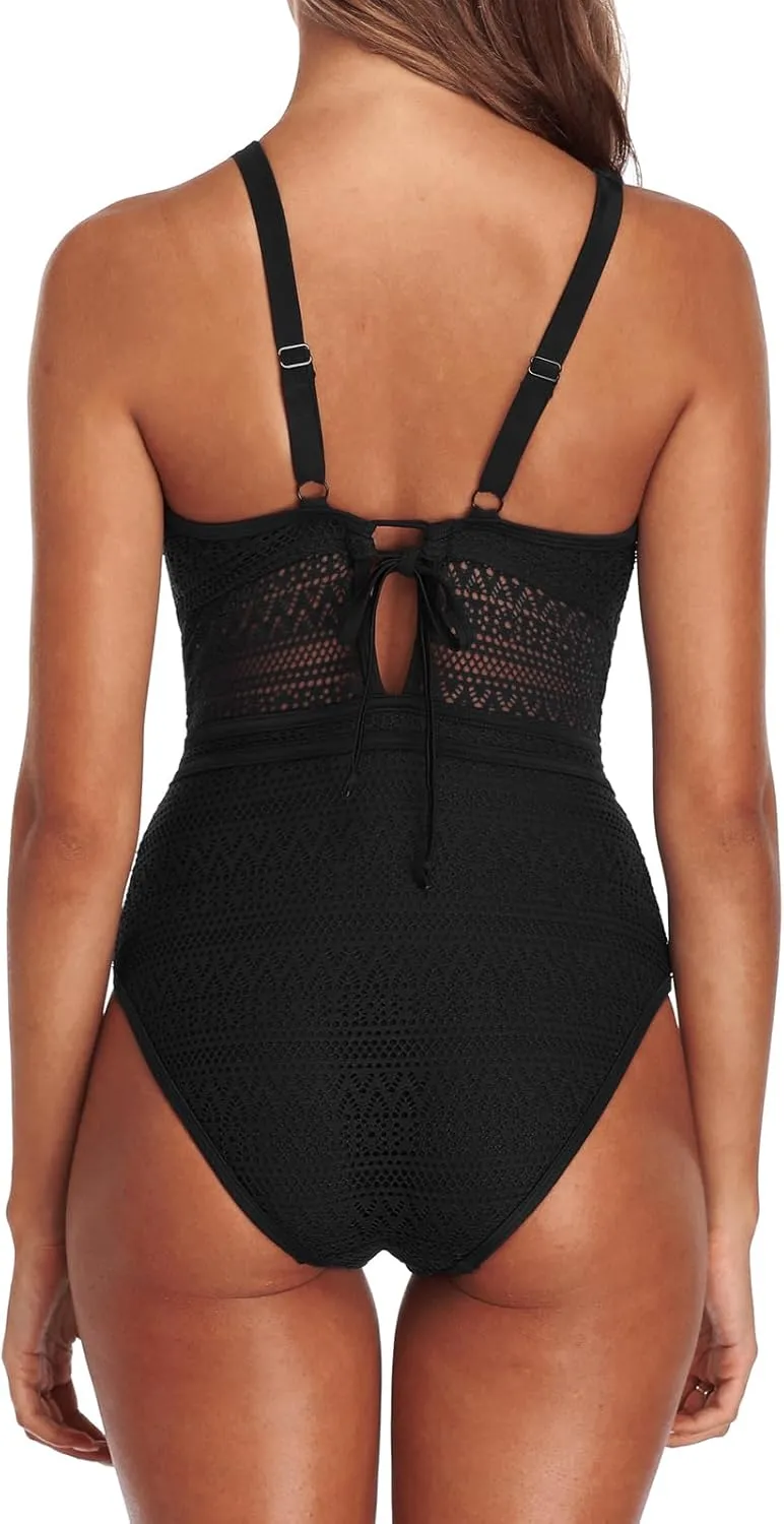 SOCIALA One Piece Swimsuit Women Crochet High Waisted Bathing Suit Backless Mesh V Neck Monokini Swimwear