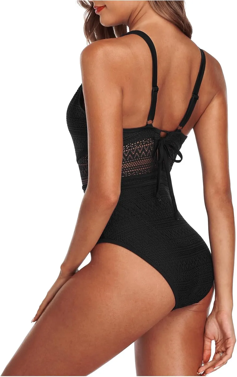 SOCIALA One Piece Swimsuit Women Crochet High Waisted Bathing Suit Backless Mesh V Neck Monokini Swimwear