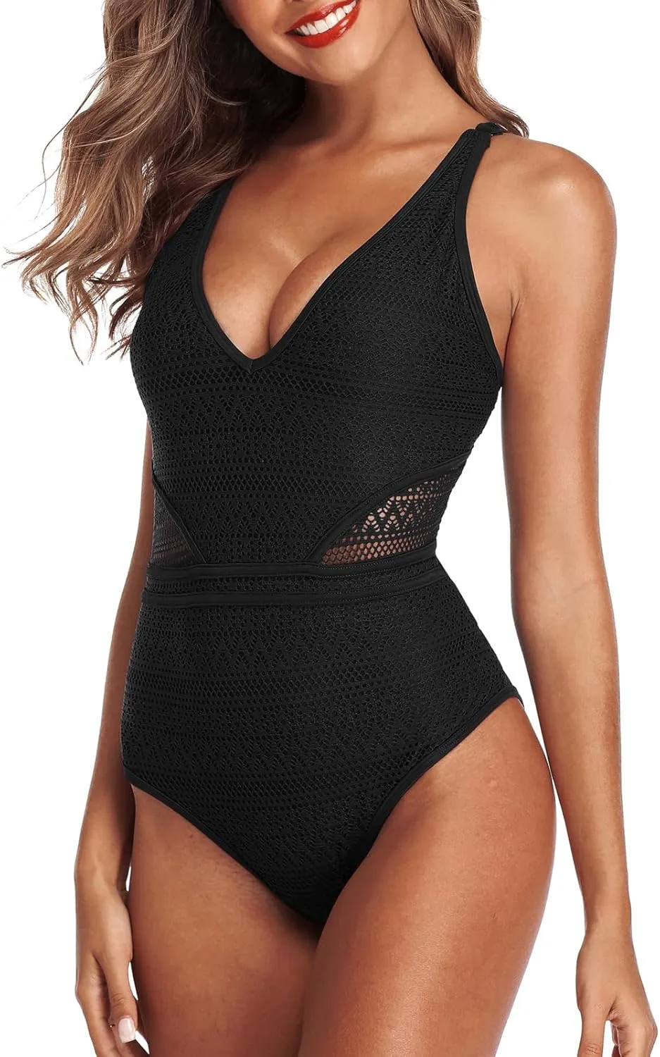 SOCIALA One Piece Swimsuit Women Crochet High Waisted Bathing Suit Backless Mesh V Neck Monokini Swimwear