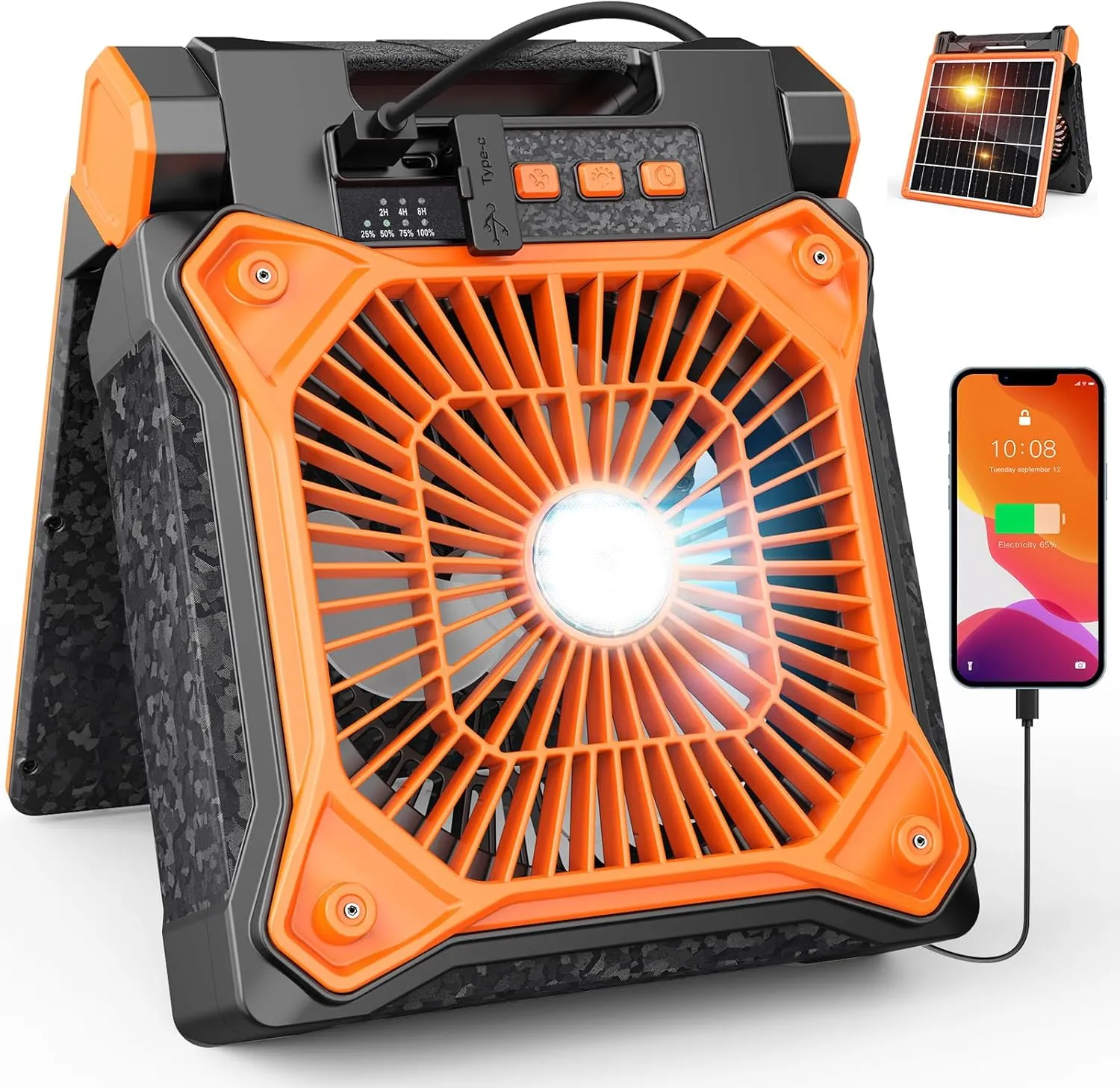 Solar Camping Fan with LED Lantern, 20000mAh Rechargeable Battery Powered with 10W Solar Panel, Quiet Battery Operated Tent Fan for Picnic, Barbecue, Fishing, Travel