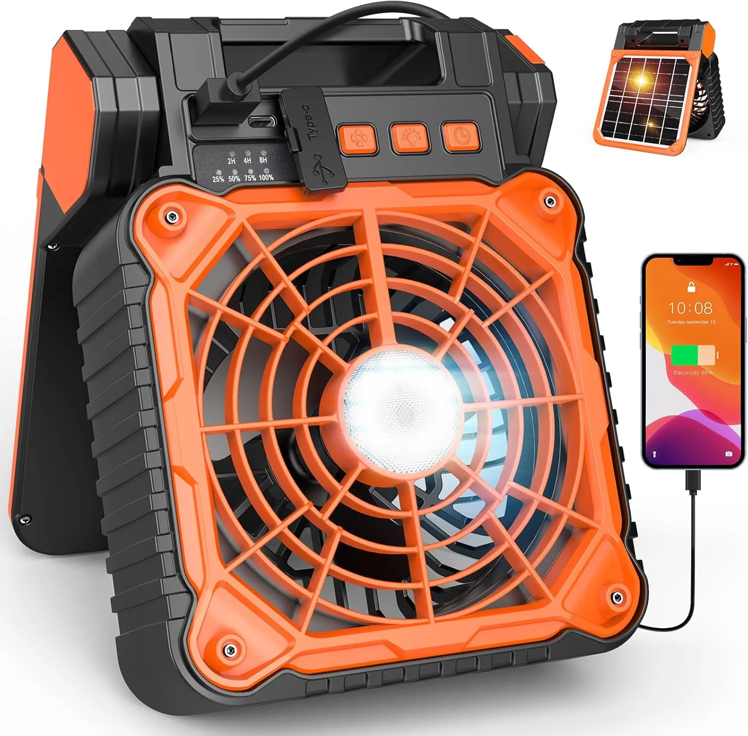Solar Camping Fan with LED Lantern,10400mAh Rechargeable Battery Powered with Solar Panel, Perfect Quiet Battery Operated Tent Fan for Picnic, Barbecue, Fishing, Travel