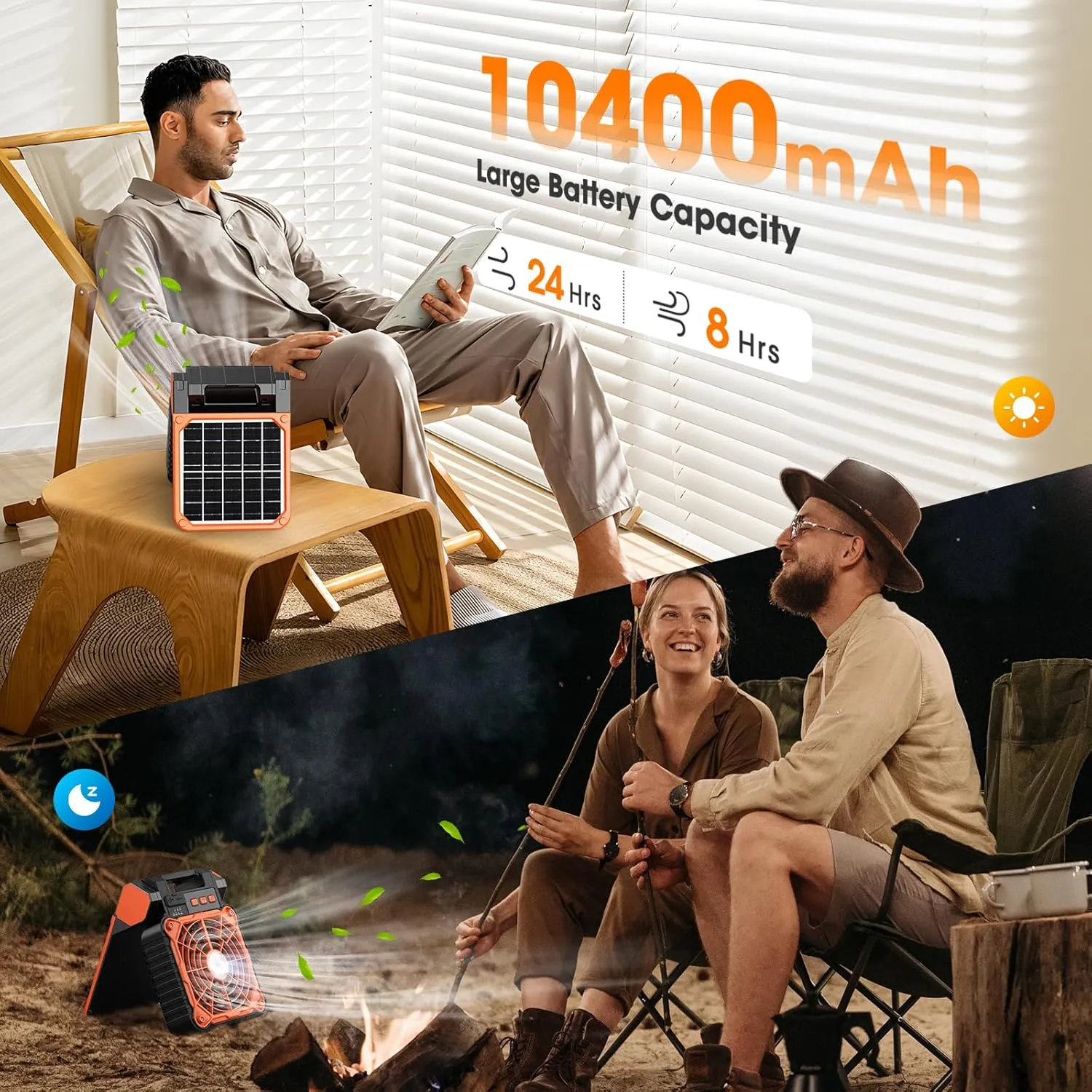Solar Camping Fan with LED Lantern,10400mAh Rechargeable Battery Powered with Solar Panel, Perfect Quiet Battery Operated Tent Fan for Picnic, Barbecue, Fishing, Travel