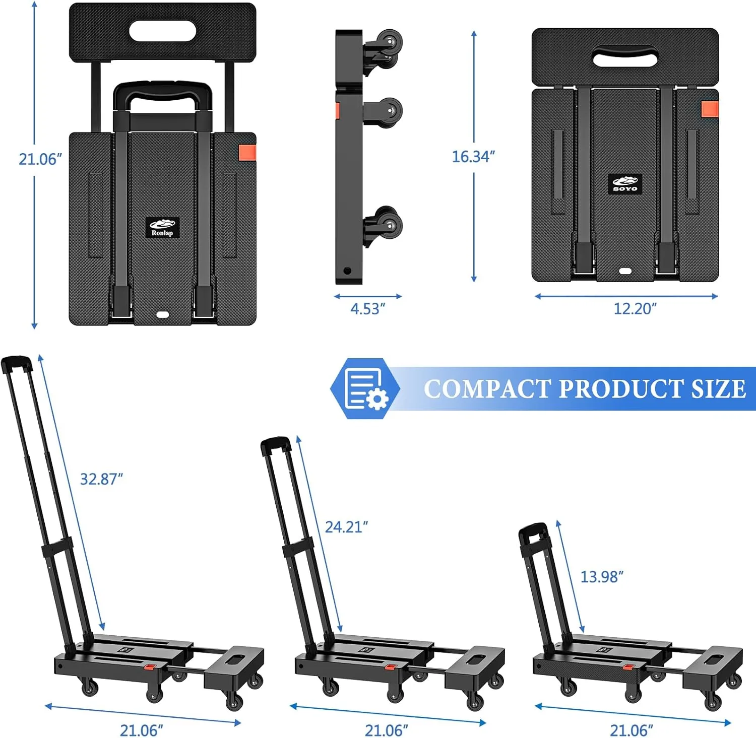 SOYO Folding Hand Truck, 500lbs Heavy Duty Dolly, Portable 6 Wheels Collapsible Luggage Cart with 2 Elastic Ropes for Moving, Travel, Shopping, House Office Use, Black