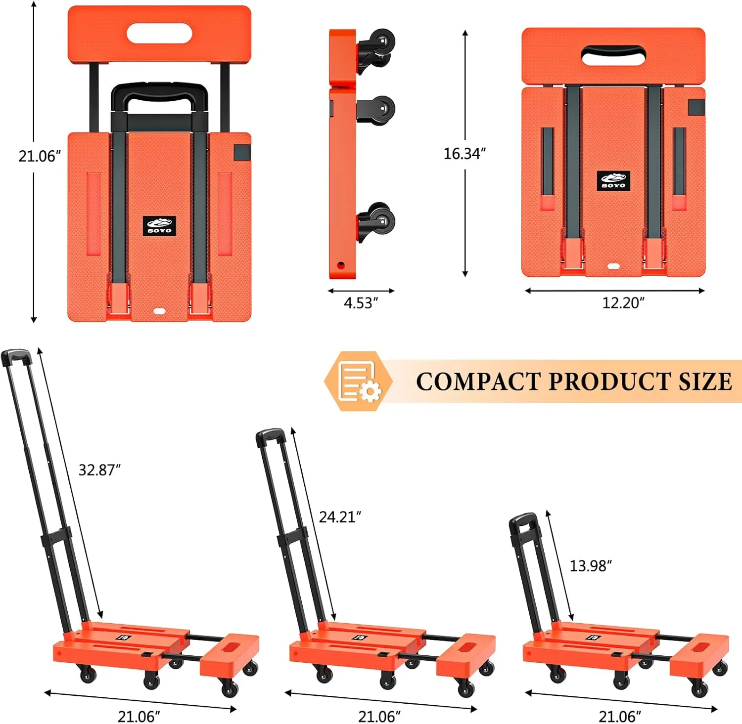 SOYO Folding Hand Truck, 500lbs Heavy Duty Dolly, Portable 6 Wheels Collapsible Luggage Cart with 2 Elastic Ropes for Moving, Travel, Shopping, House Office Use, Orange