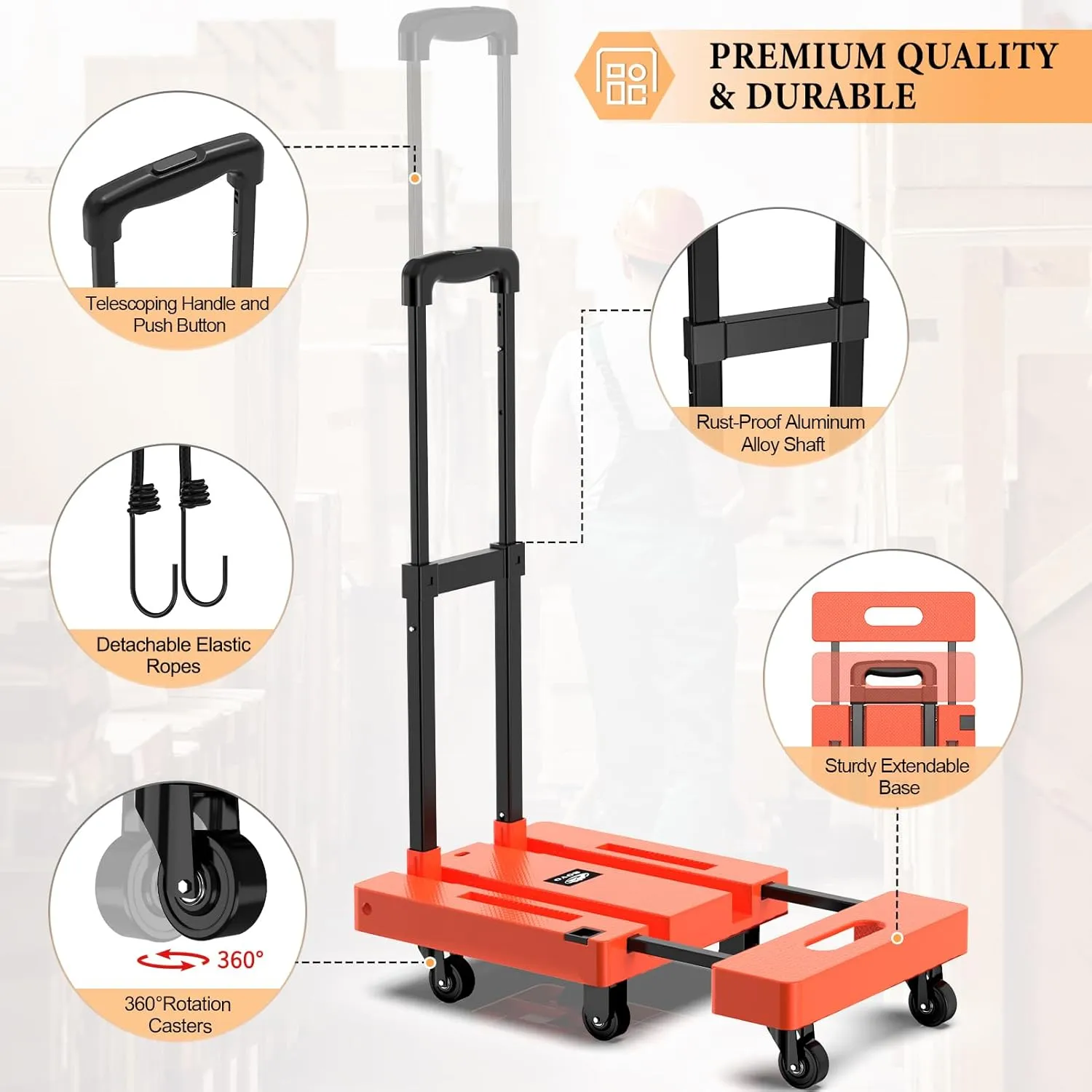 SOYO Folding Hand Truck, 500lbs Heavy Duty Dolly, Portable 6 Wheels Collapsible Luggage Cart with 2 Elastic Ropes for Moving, Travel, Shopping, House Office Use, Orange