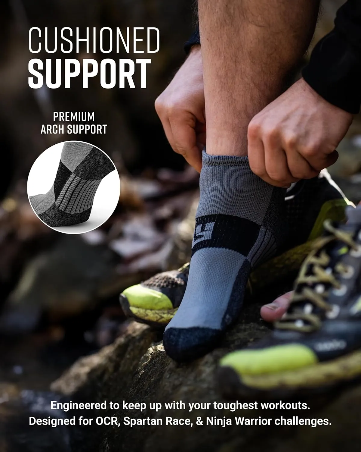 Spartan Race No-Show Running Socks, Cushioned, Non-Slip, Breathable Compression Athletic Ankle Socks, 2-Pack