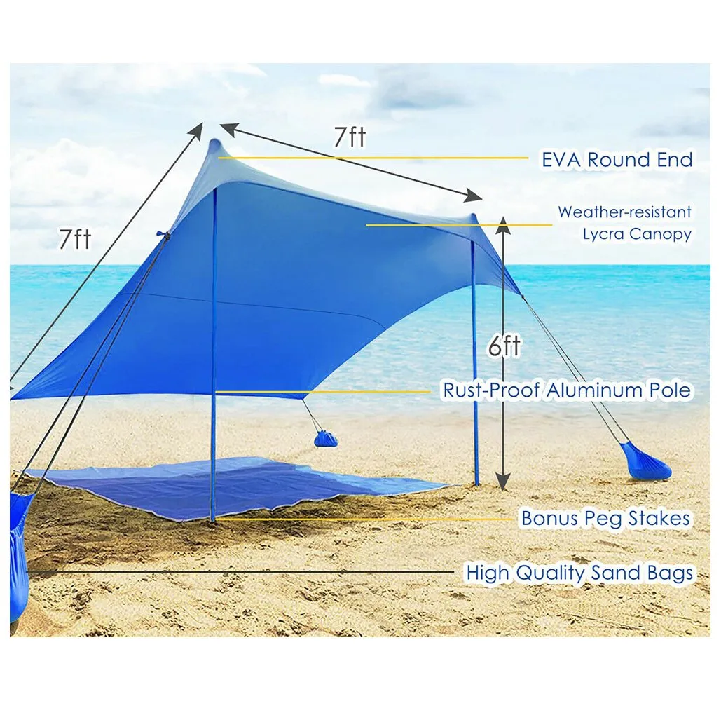 SPF 50  7ft x 7ft Tent Canopy with 4 Poles & Sandbags