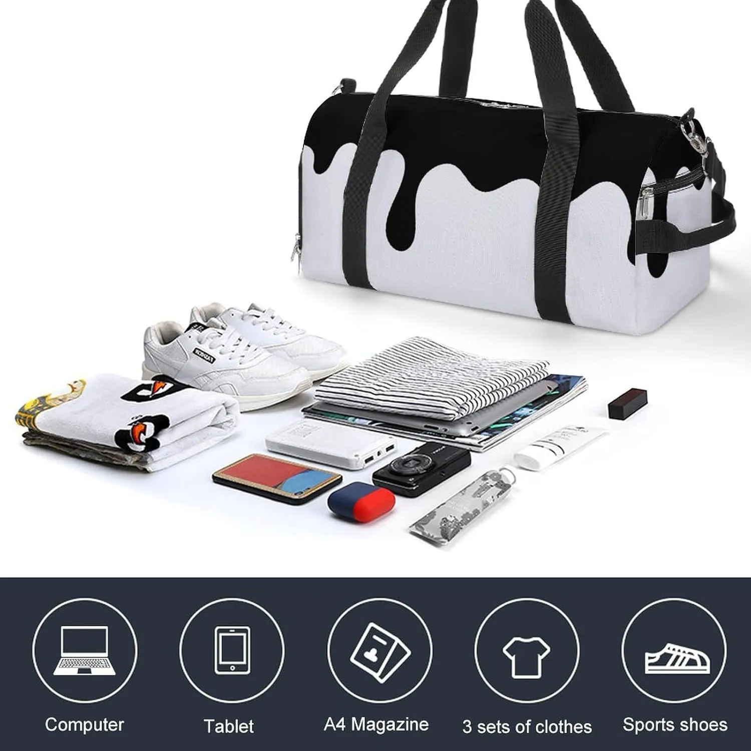 Sport Gym Duffel with Shoe Compartment Wet Pocket, Black-melt-drips-drops Shoulder Travel Bag for Women Men