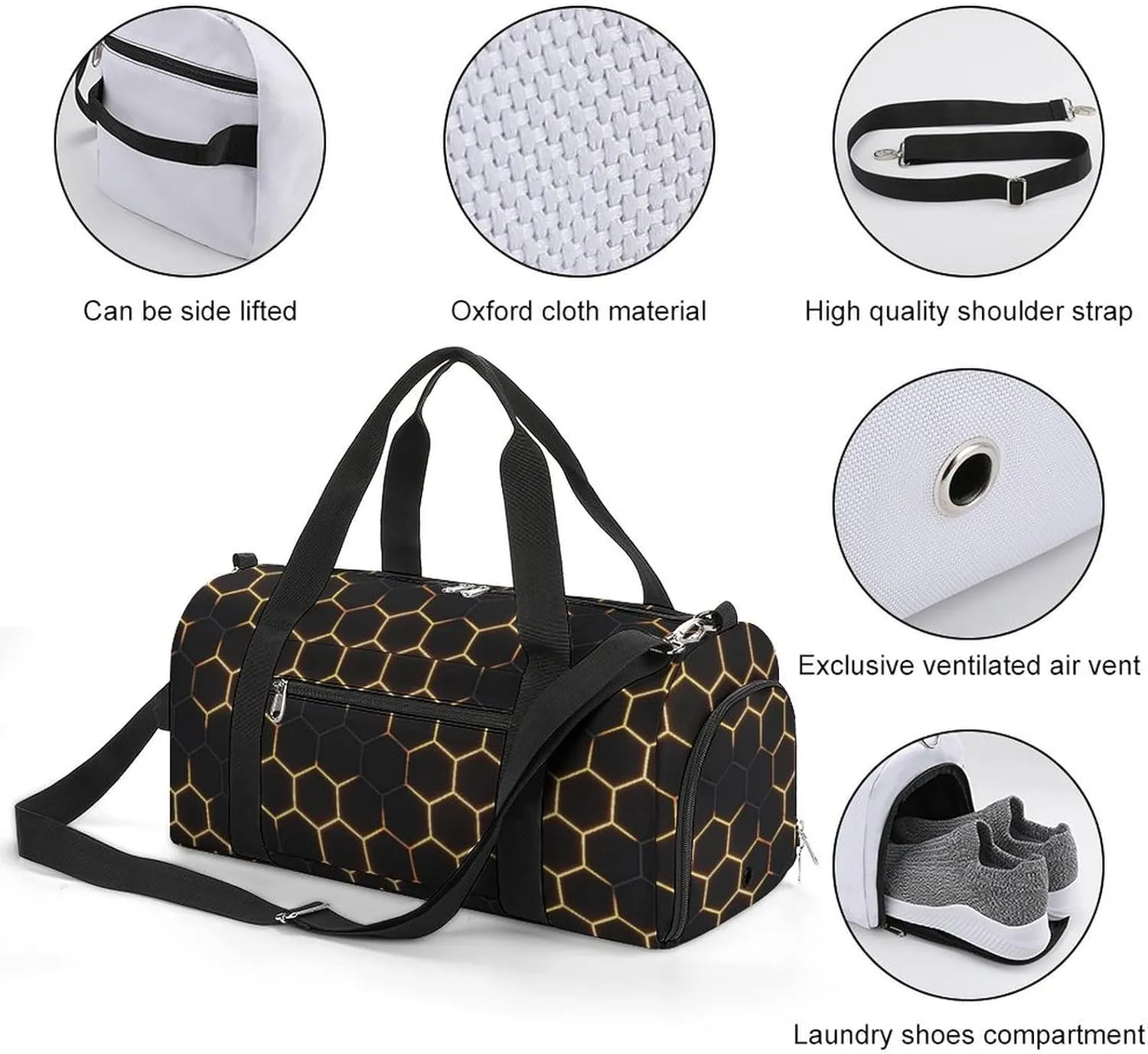 Sport Gym Duffel with Shoe Compartment Wet Pocket, Dark-hexagon-print Shoulder Travel Bag for Women Men, style-1