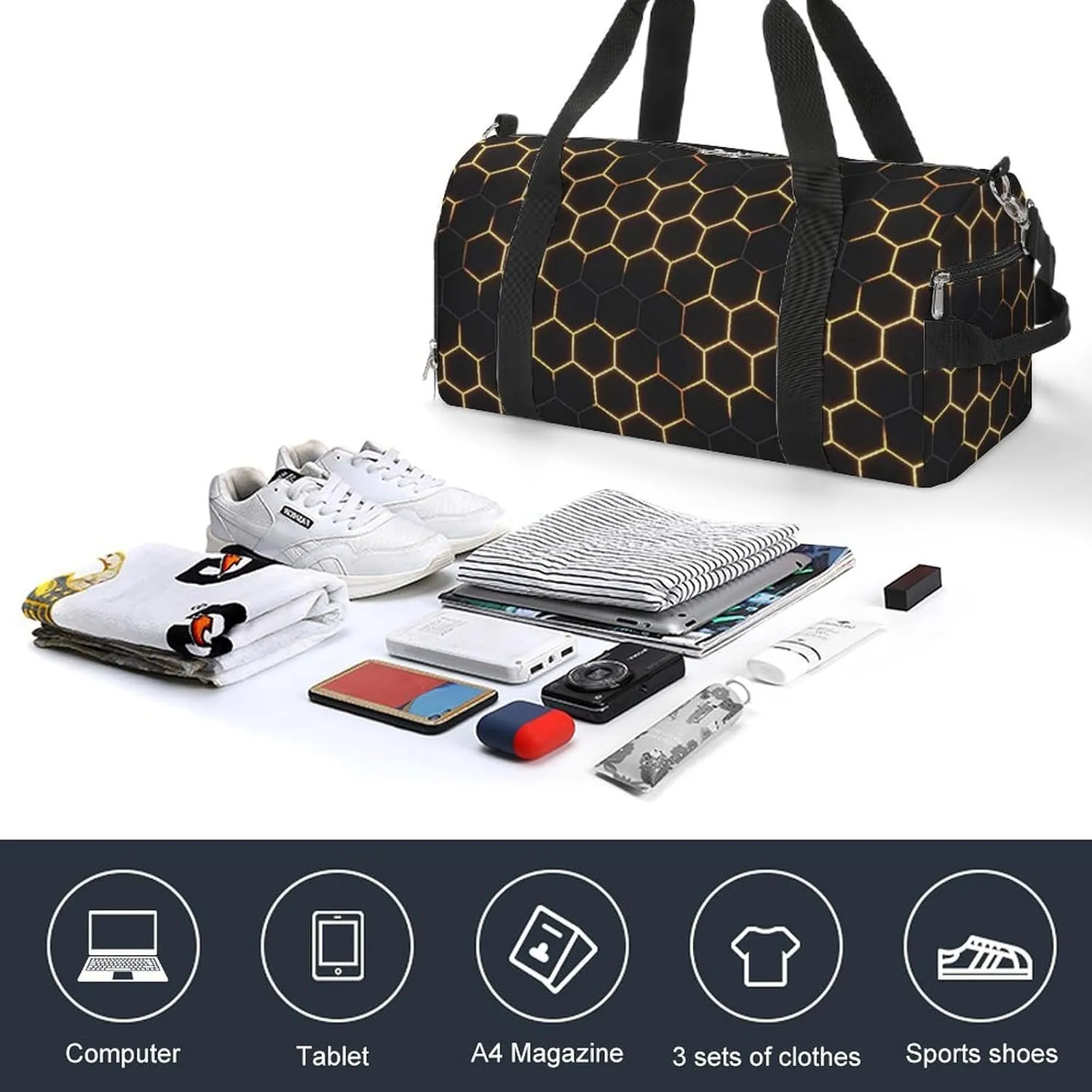 Sport Gym Duffel with Shoe Compartment Wet Pocket, Dark-hexagon-print Shoulder Travel Bag for Women Men, style-1