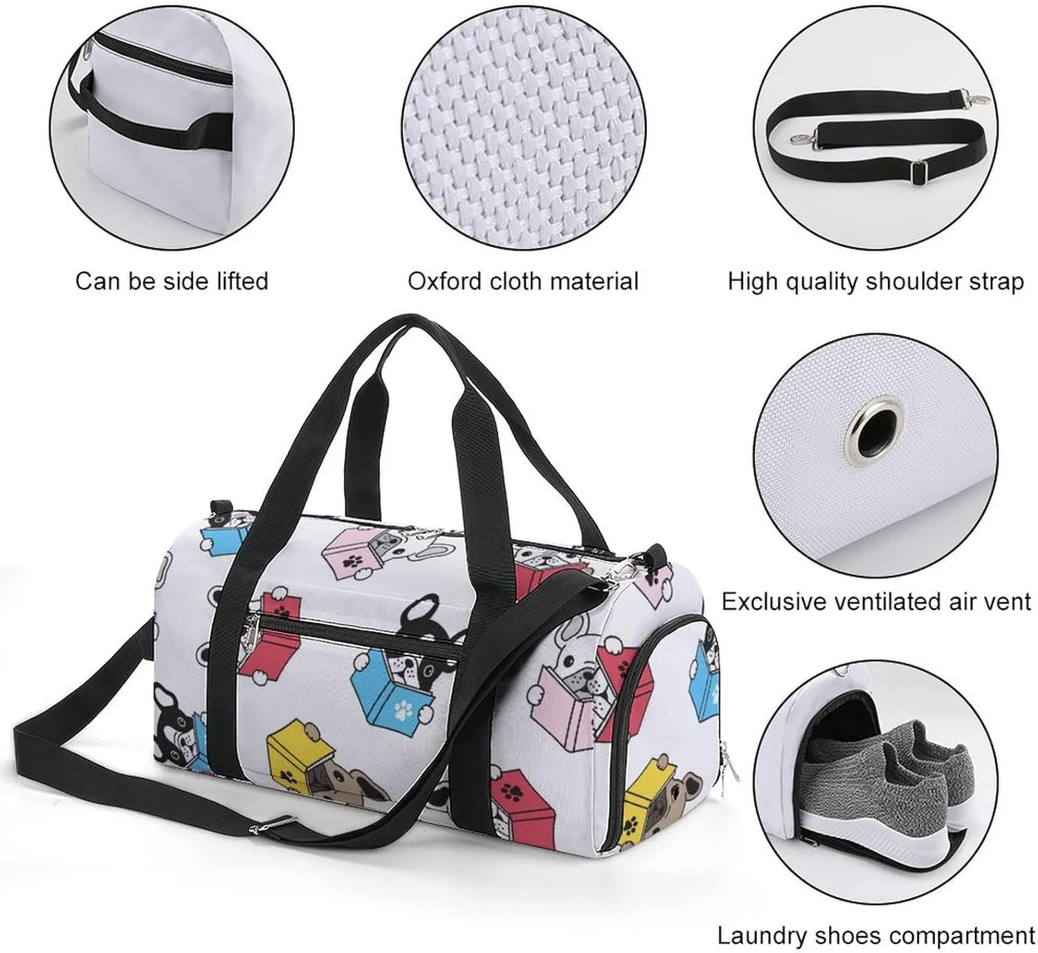 Sport Gym Duffel with Shoe Compartment Wet Pocket, French-bulldog Cartoon Shoulder Travel Bag for Women Men, style