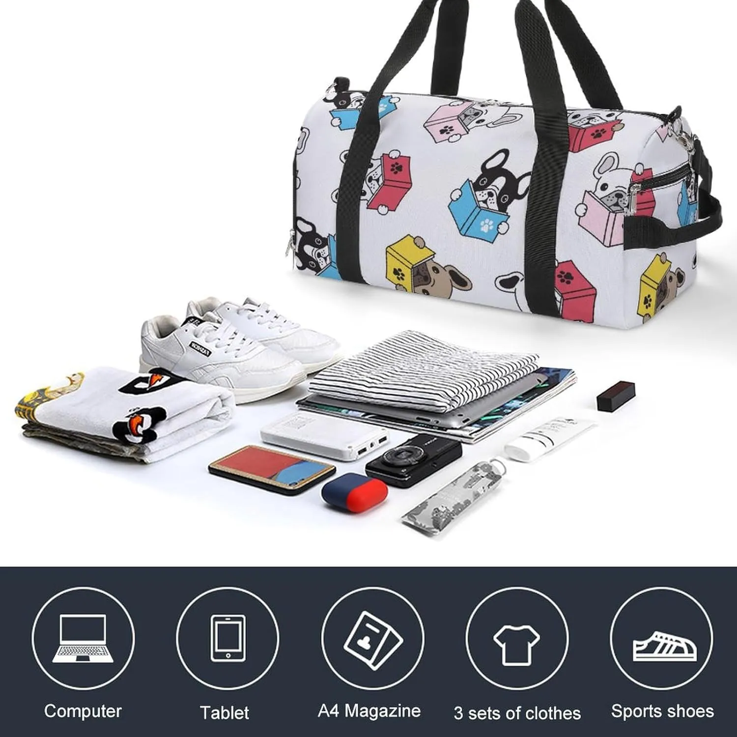 Sport Gym Duffel with Shoe Compartment Wet Pocket, French-bulldog Cartoon Shoulder Travel Bag for Women Men, style