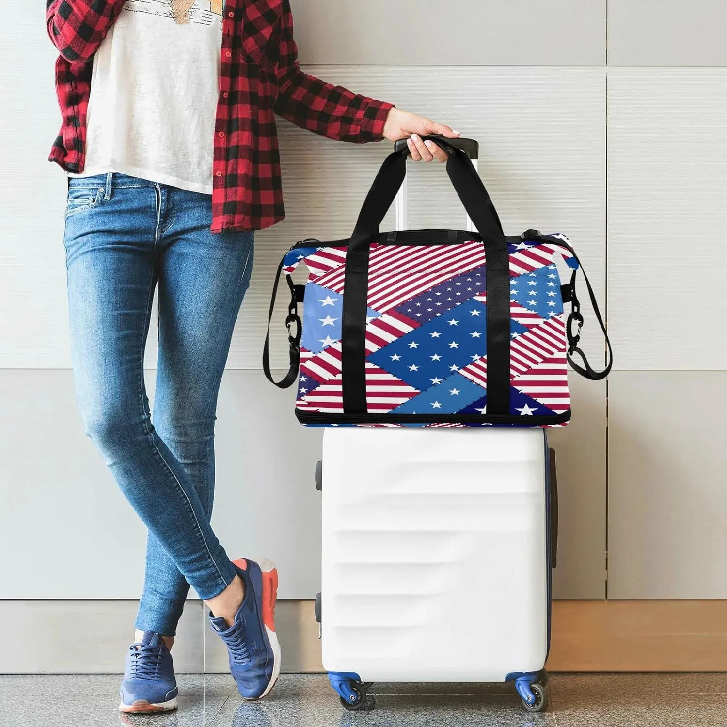 Sport Tote Bag for Women,Gym Bag Independence Day Duffle Bag with Shoe Compartment and Wet Pocket,Ladies Beach Bag Overnight Bag,Weekender Bag Carry on Bag for Airplane