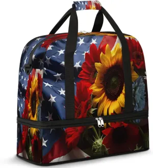 Sports Duffel Bag, Foldable American Flag Travel Duffel Bag, Gym Yoga Beach Bag Weekender Overnight Bag with Shoes Compartment for Men Women, Memorial Day Flowers