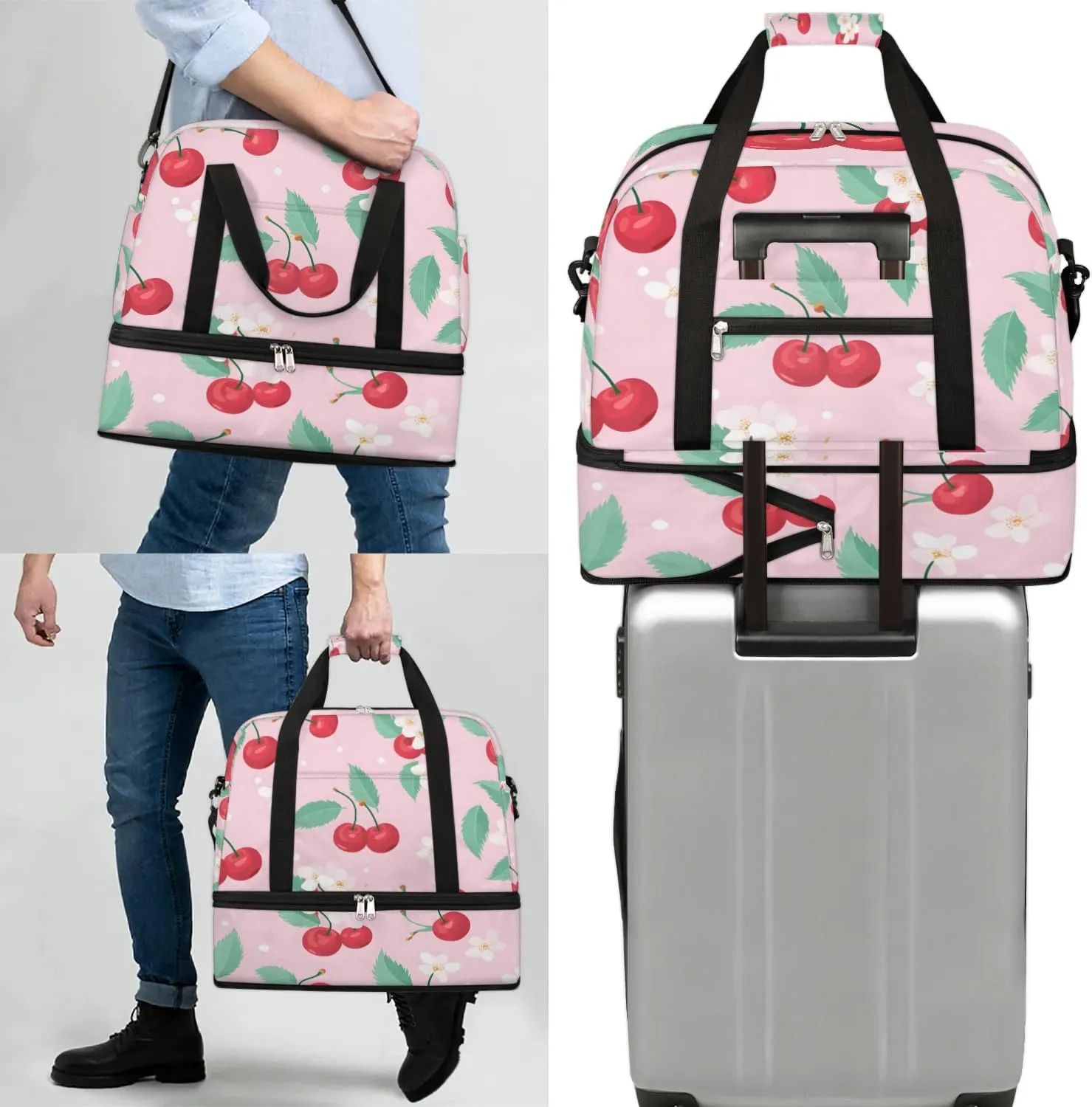 Sports Duffel Bag, Foldable Cherry Travel Duffel Bag, Gym Yoga Beach Bag Weekender Overnight Bag with Shoes Compartment for Men Women, Summer Fruit