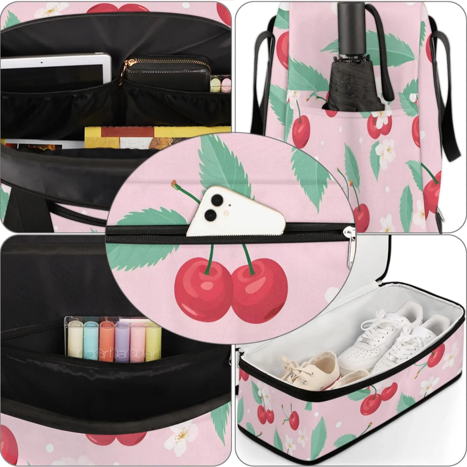 Sports Duffel Bag, Foldable Cherry Travel Duffel Bag, Gym Yoga Beach Bag Weekender Overnight Bag with Shoes Compartment for Men Women, Summer Fruit