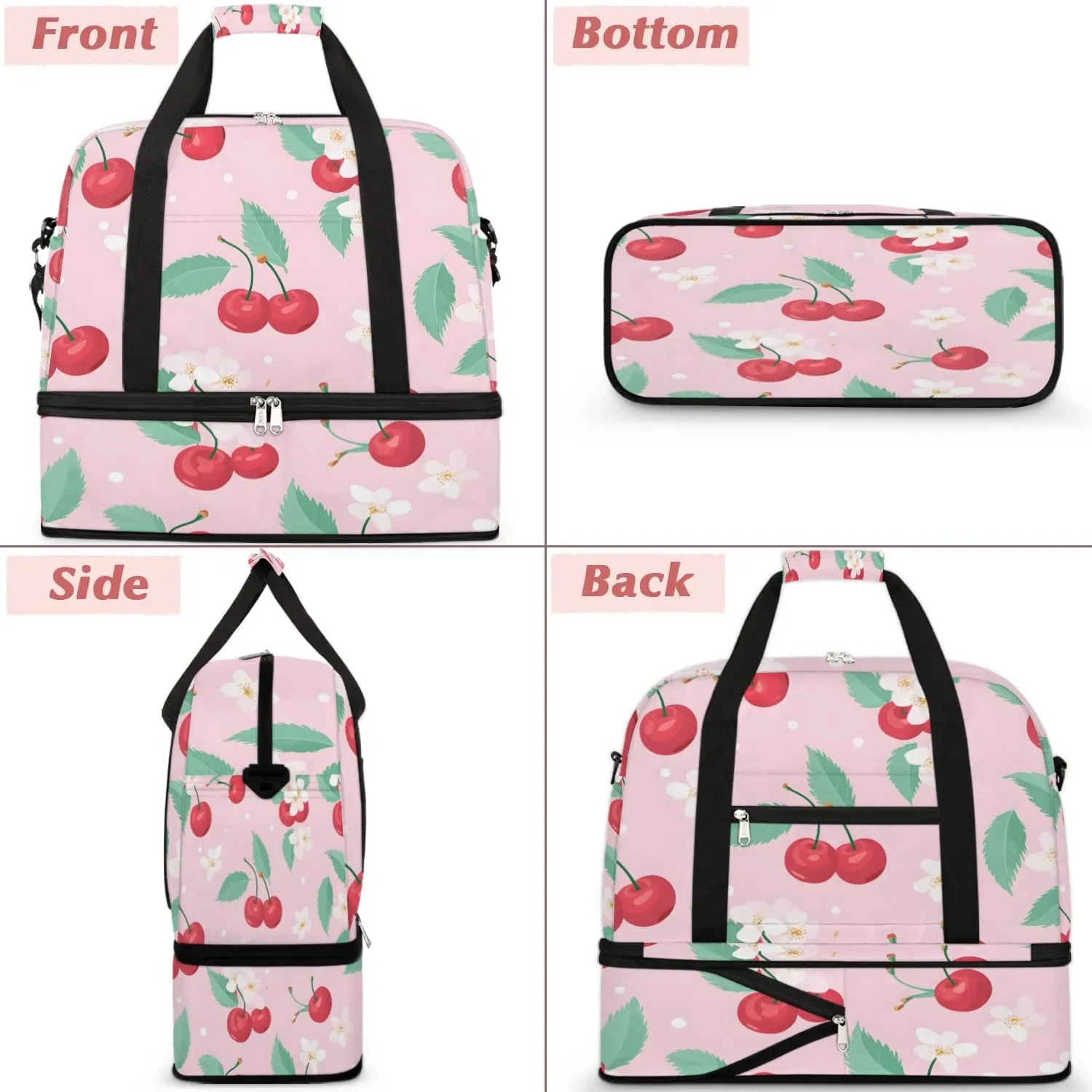 Sports Duffel Bag, Foldable Cherry Travel Duffel Bag, Gym Yoga Beach Bag Weekender Overnight Bag with Shoes Compartment for Men Women, Summer Fruit