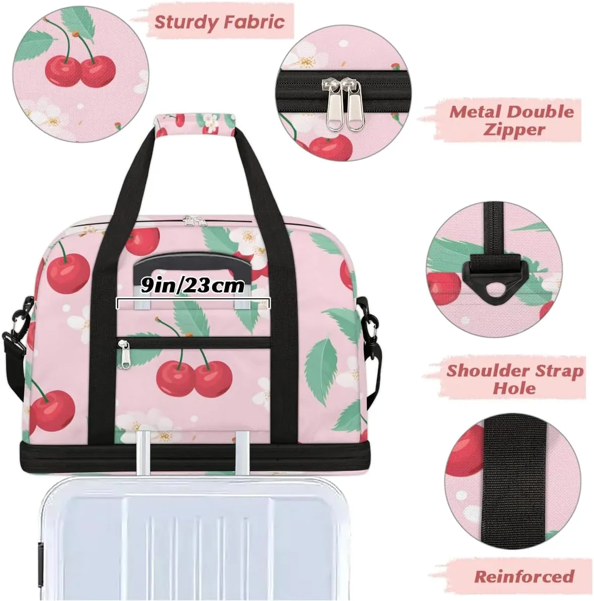 Sports Duffel Bag, Foldable Cherry Travel Duffel Bag, Gym Yoga Beach Bag Weekender Overnight Bag with Shoes Compartment for Men Women, Summer Fruit