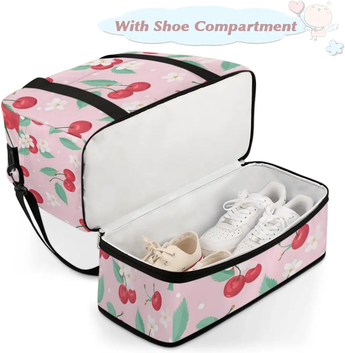 Sports Duffel Bag, Foldable Cherry Travel Duffel Bag, Gym Yoga Beach Bag Weekender Overnight Bag with Shoes Compartment for Men Women, Summer Fruit