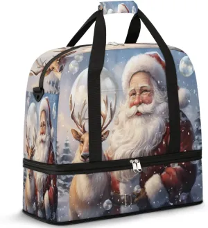 Sports Duffel Bag, Foldable Christmas Santa Claus Travel Duffel Bag, Gym Yoga Beach Bag Weekender Overnight Bag with Shoes Compartment for Men Women, Santa and Reindeer