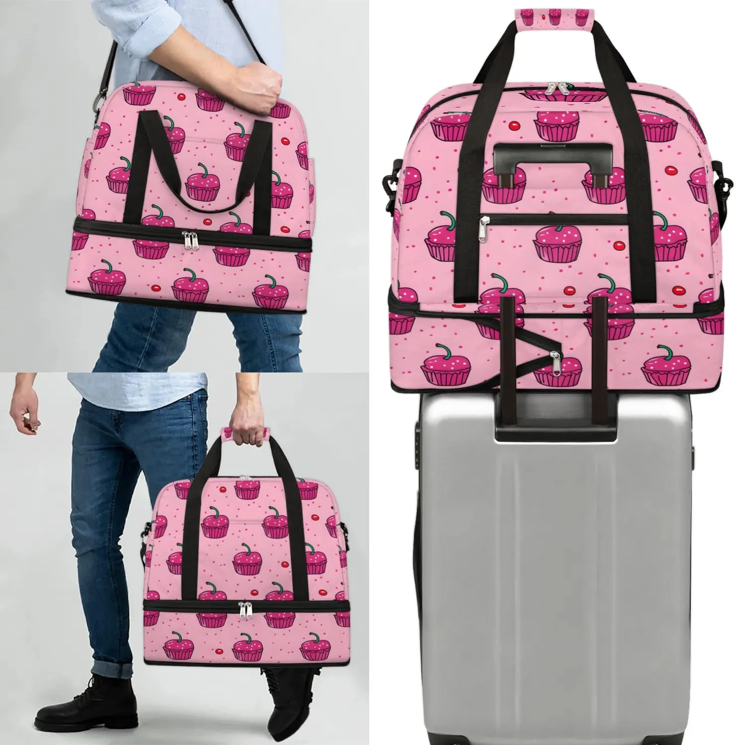 Sports Duffel Bag, Foldable Cupcakes Travel Duffel Bag, Gym Yoga Beach Bag Weekender Overnight Bag with Shoes Compartment for Men Women, Sweets
