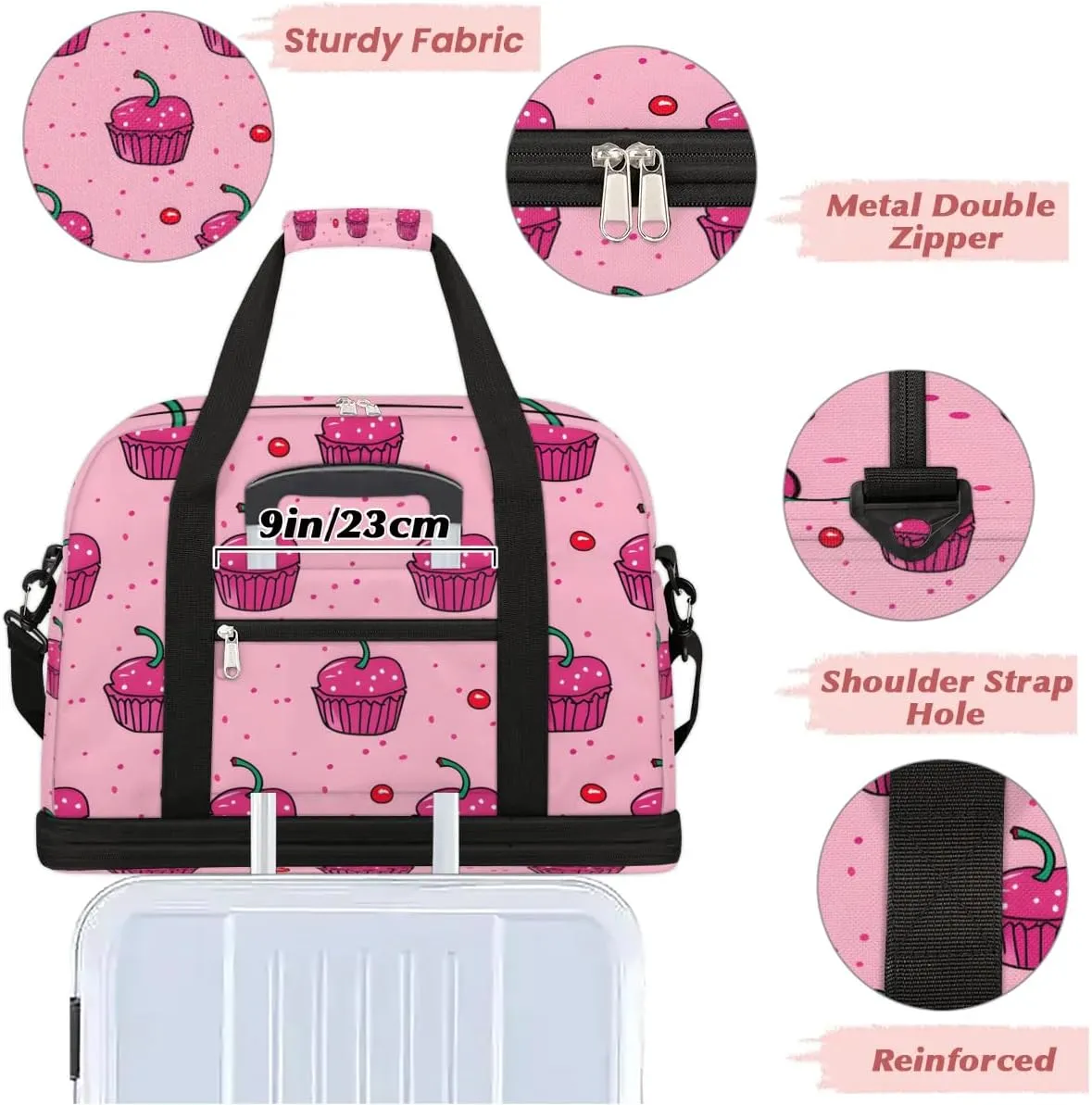 Sports Duffel Bag, Foldable Cupcakes Travel Duffel Bag, Gym Yoga Beach Bag Weekender Overnight Bag with Shoes Compartment for Men Women, Sweets