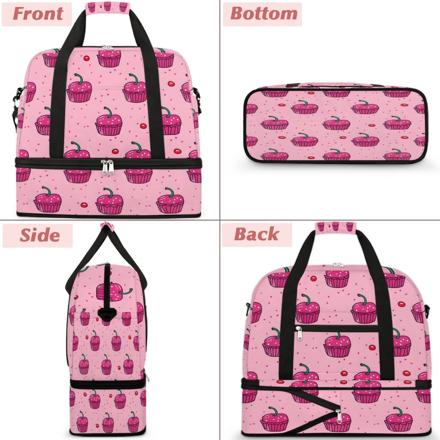 Sports Duffel Bag, Foldable Cupcakes Travel Duffel Bag, Gym Yoga Beach Bag Weekender Overnight Bag with Shoes Compartment for Men Women, Sweets