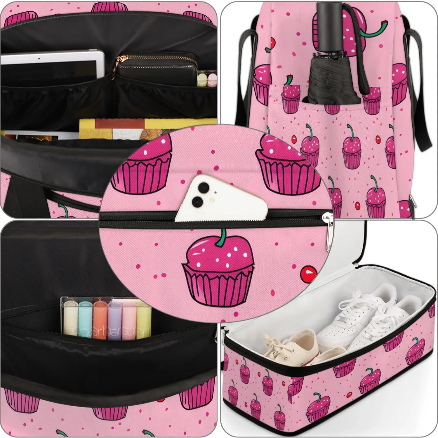 Sports Duffel Bag, Foldable Cupcakes Travel Duffel Bag, Gym Yoga Beach Bag Weekender Overnight Bag with Shoes Compartment for Men Women, Sweets