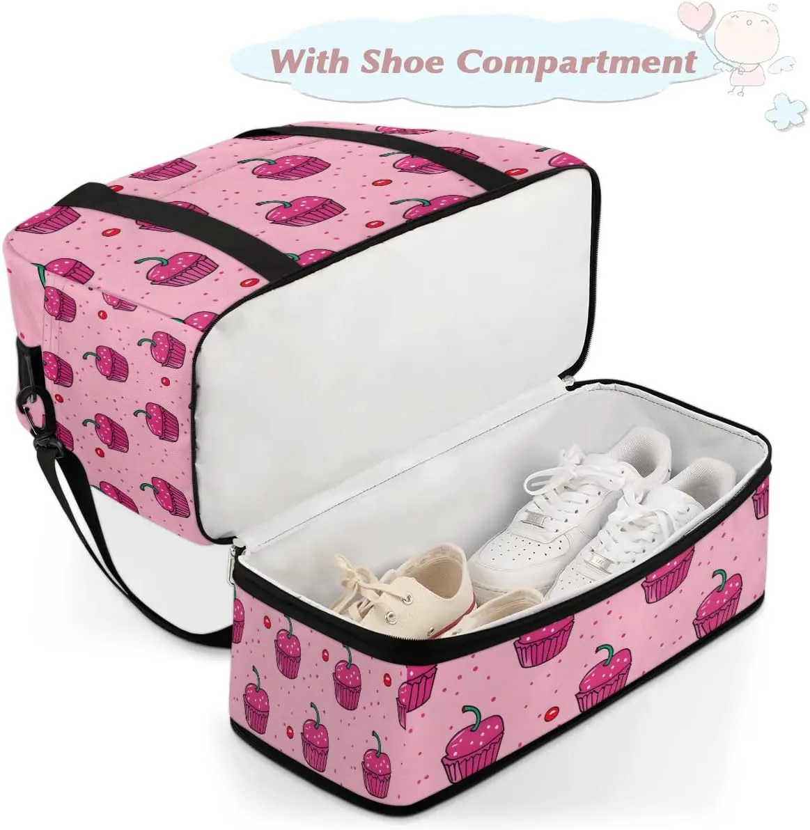 Sports Duffel Bag, Foldable Cupcakes Travel Duffel Bag, Gym Yoga Beach Bag Weekender Overnight Bag with Shoes Compartment for Men Women, Sweets